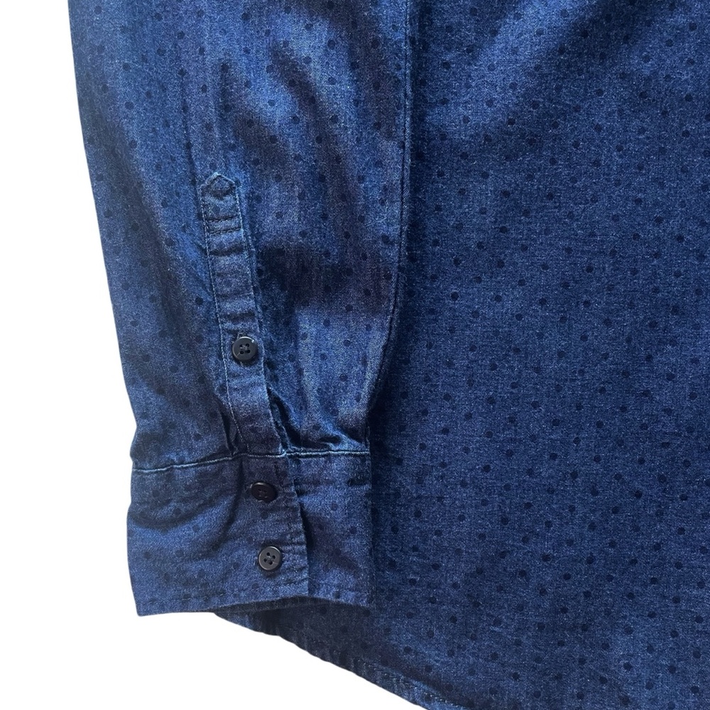 LIZ CLAIBORNE Navy Blue Cotton Blouse Shirt SZ L Casual Comfy Chambray Polka Dot - Picture 7 of 16